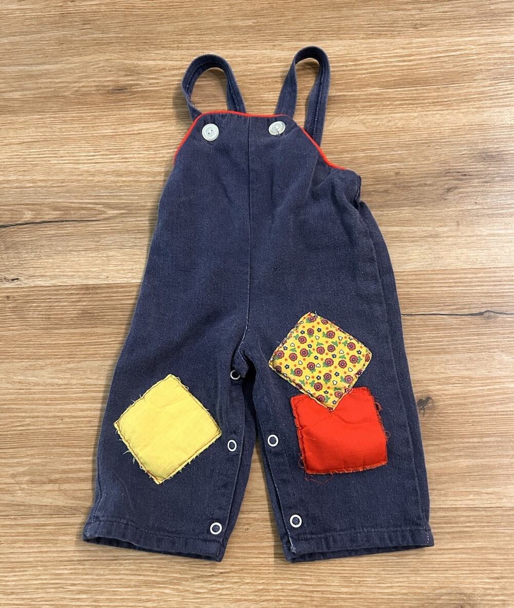 Vintage Toddler Navy Overalls Patchwork Knee Patches Snap Crotch-